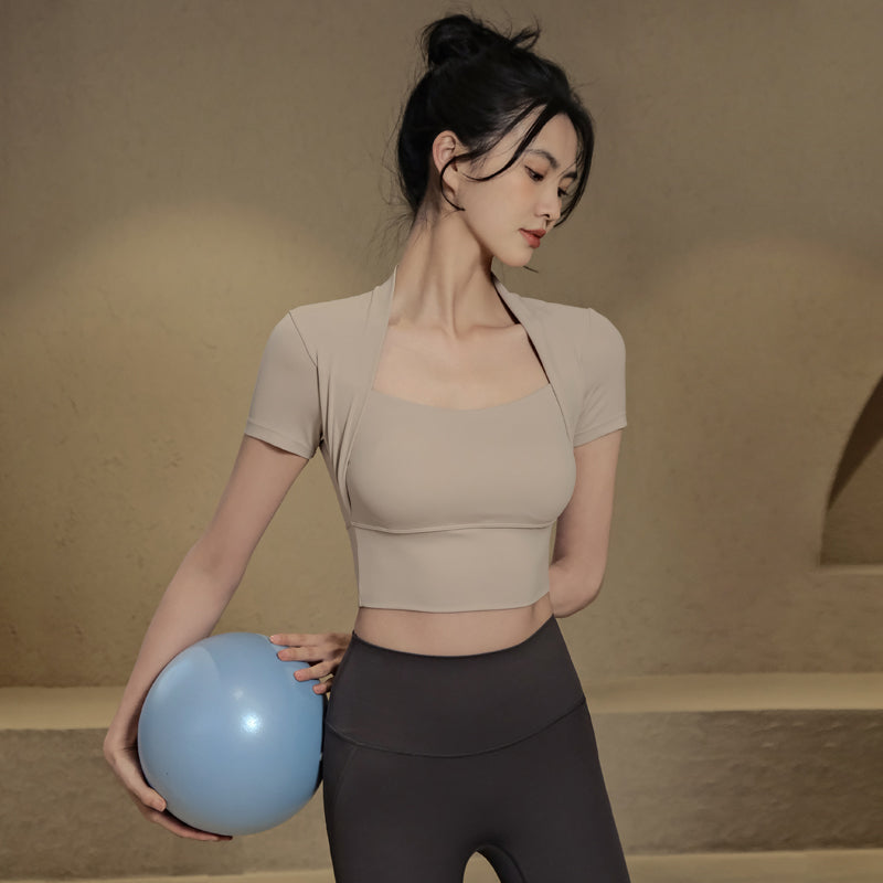 Fake two pieces yoga short sleeve t-shirt with chest pads