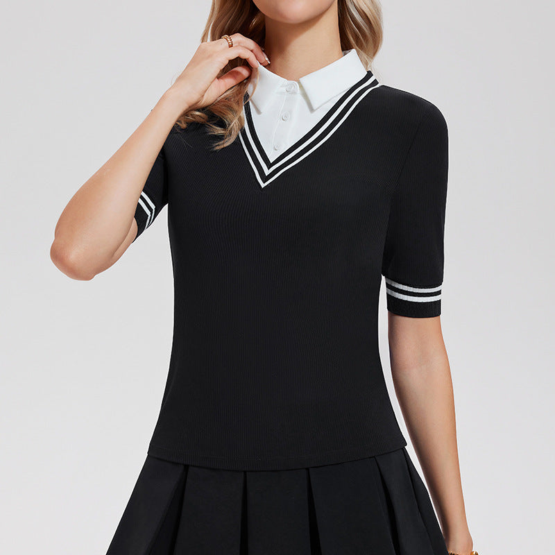 Collegiate fake two high-elastic slim-fitting tennis tops