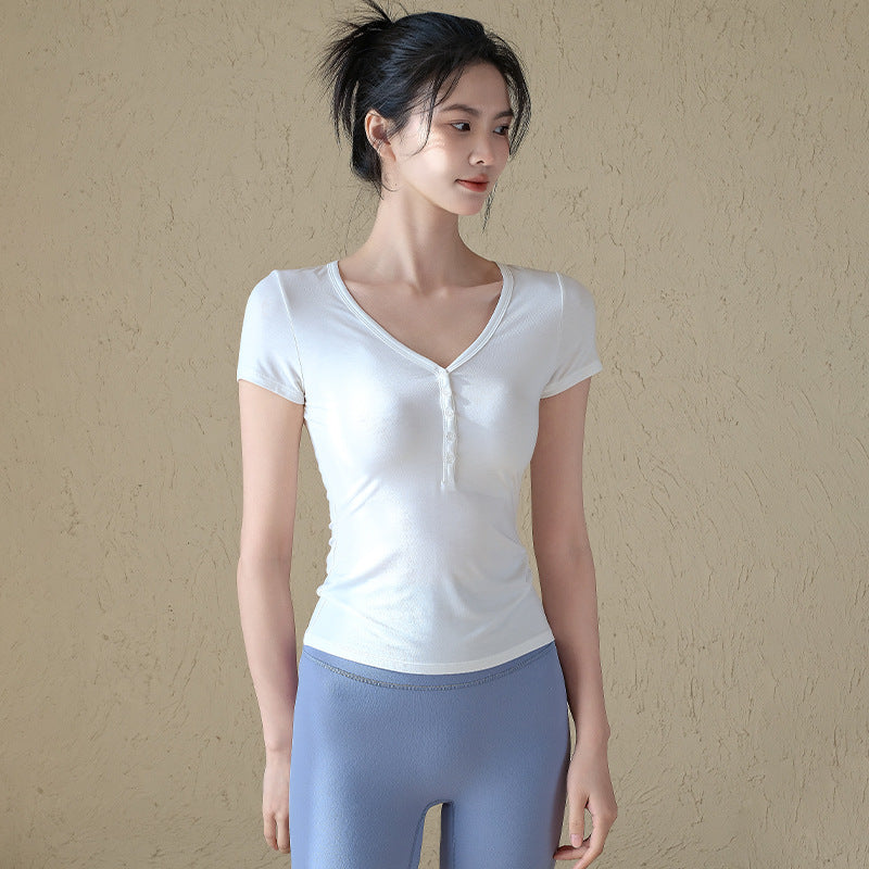 Slim and versatile button-down sports T-shirt running training short sleeves