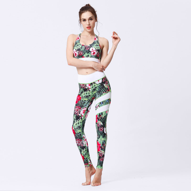Fashion printed beautiful back bra leggings quick-drying sports fitness set