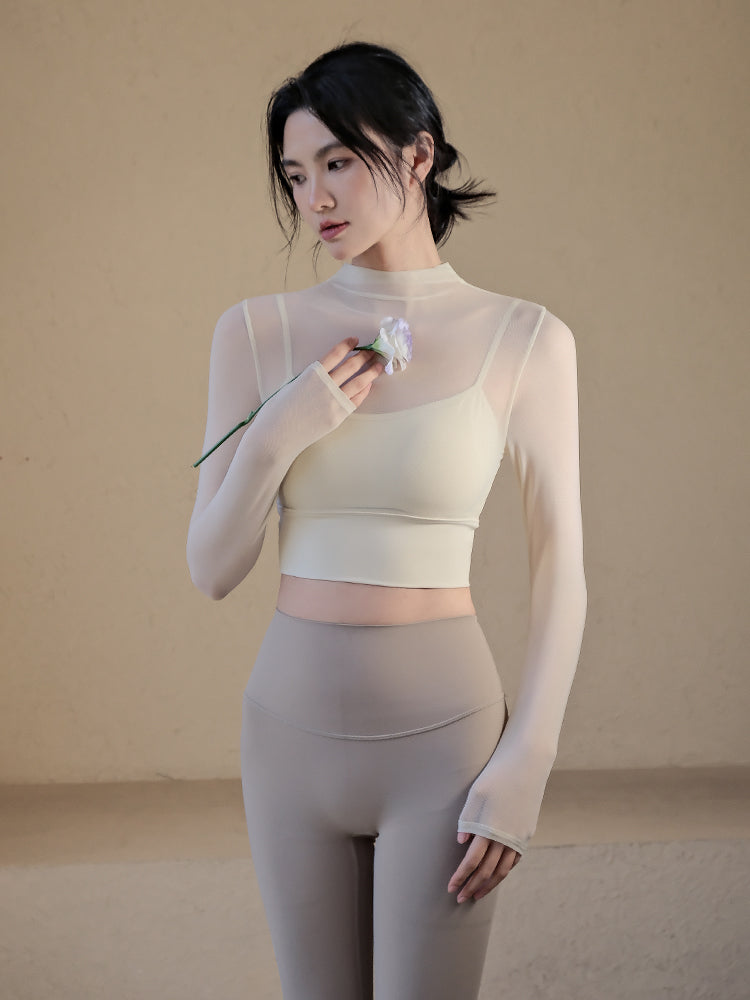 Sexy mesh sports long sleeves with chest pads