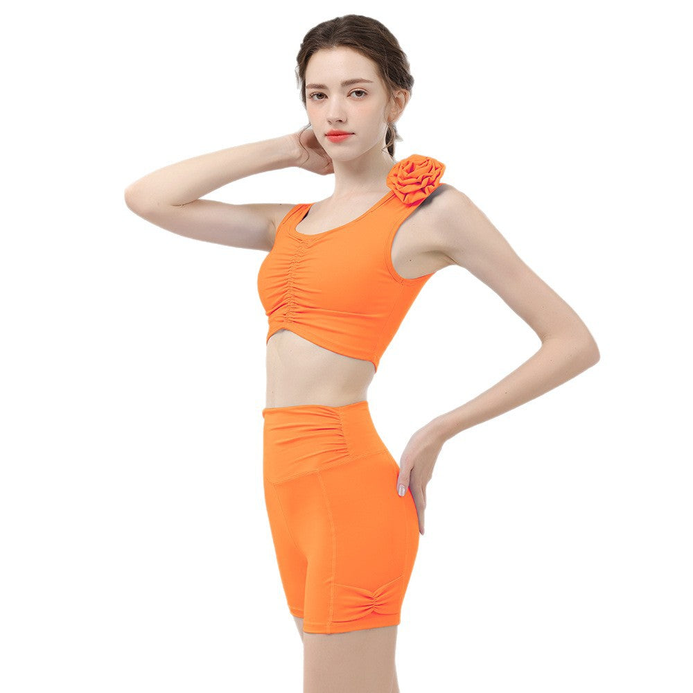 Flowers gathered pleated bra skinny shorts set