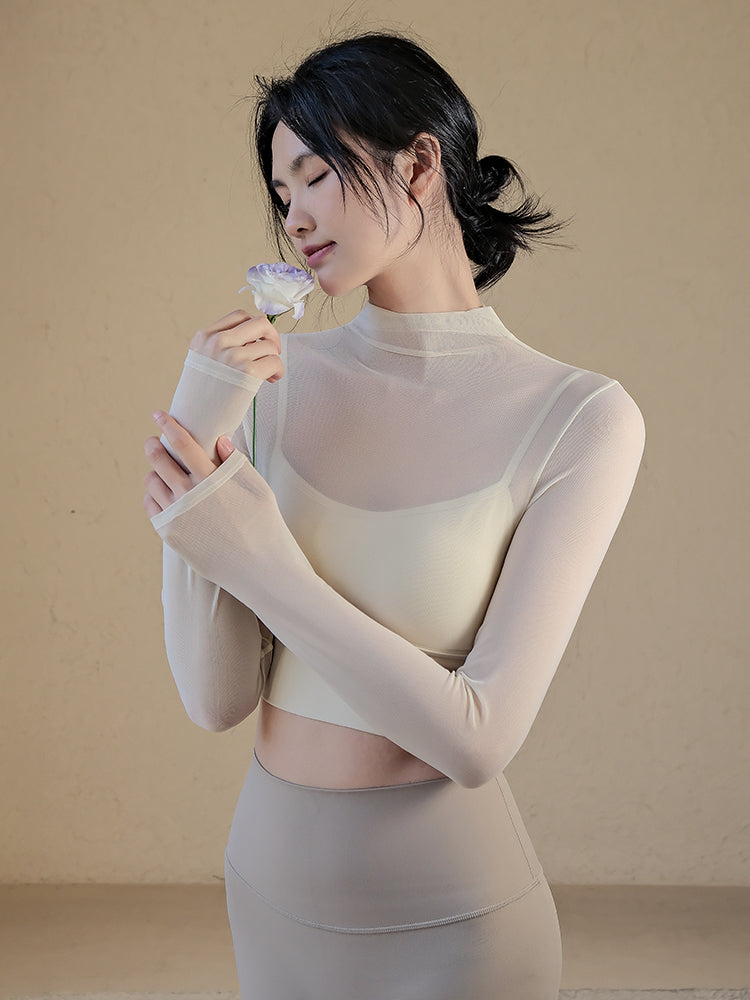 Sexy mesh sports long sleeves with chest pads