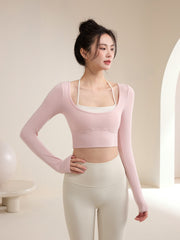 Chic Layered-Look Halter Sports Top - Slimming Pilates Long Sleeve