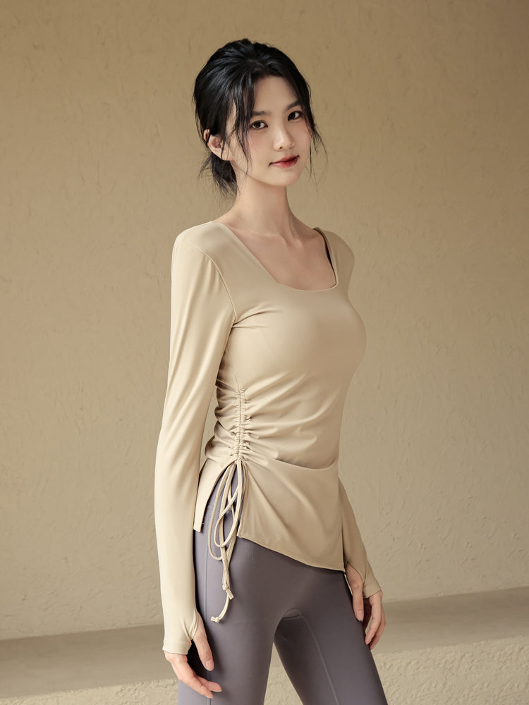 Drawstring yoga long sleeves with chest pads