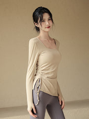 Drawstring yoga long sleeves with chest pads