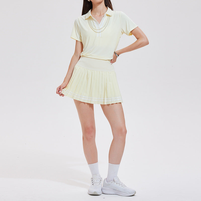 Anti-shine pleated skirt quick-drying V-neck short-sleeved golf suit