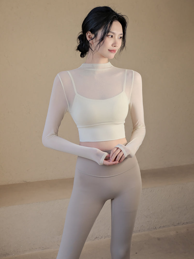 Sexy mesh sports long sleeves with chest pads