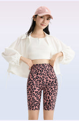 Five-point leopard print belly tuck shark pants