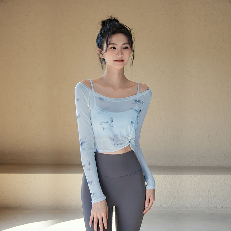 Flower butterfly fake two-piece sports t-shirt
