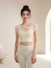 Fake two slanted shoulder cut-out sports t-shirts