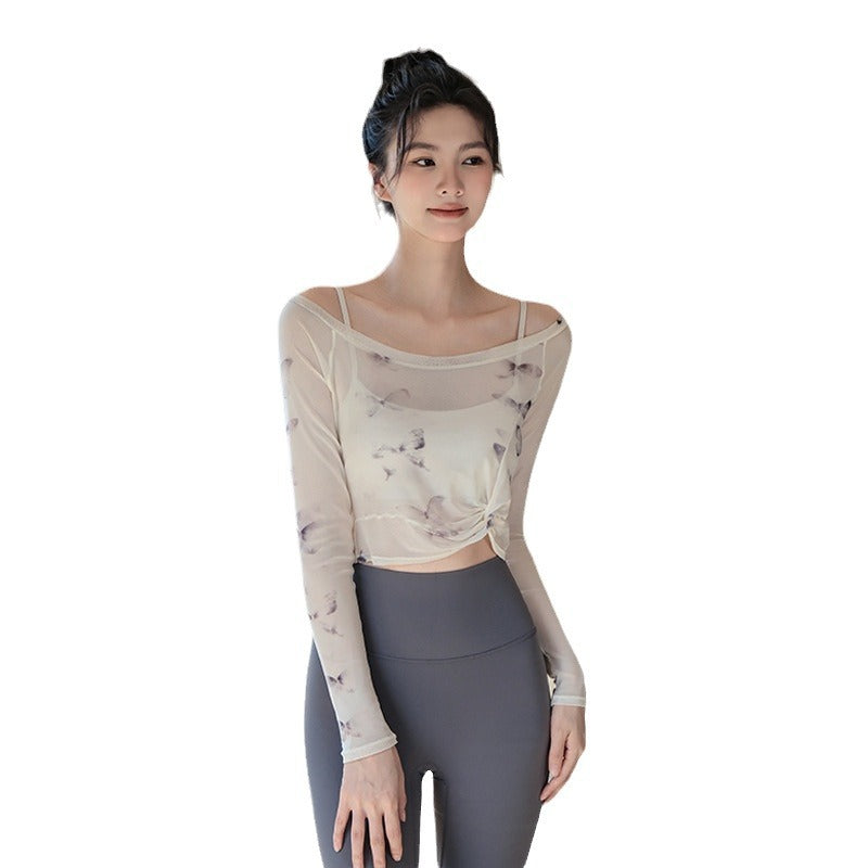 Flower butterfly fake two-piece sports t-shirt