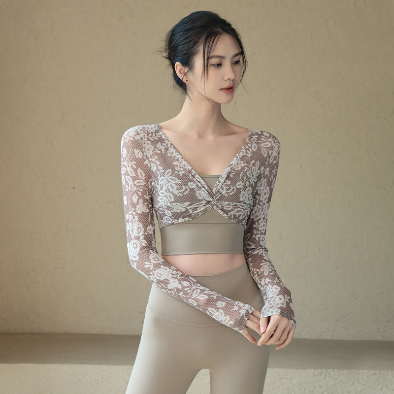 With chest pad lace fake two pieces slimming long sleeves