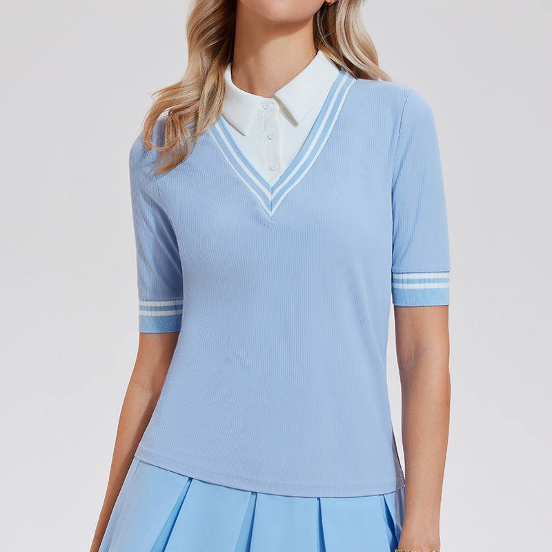 Collegiate fake two high-elastic slim-fitting tennis tops