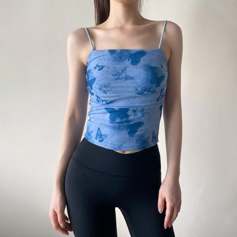 Ink painting spaghetti shoulder strap chest pad integrated camisole