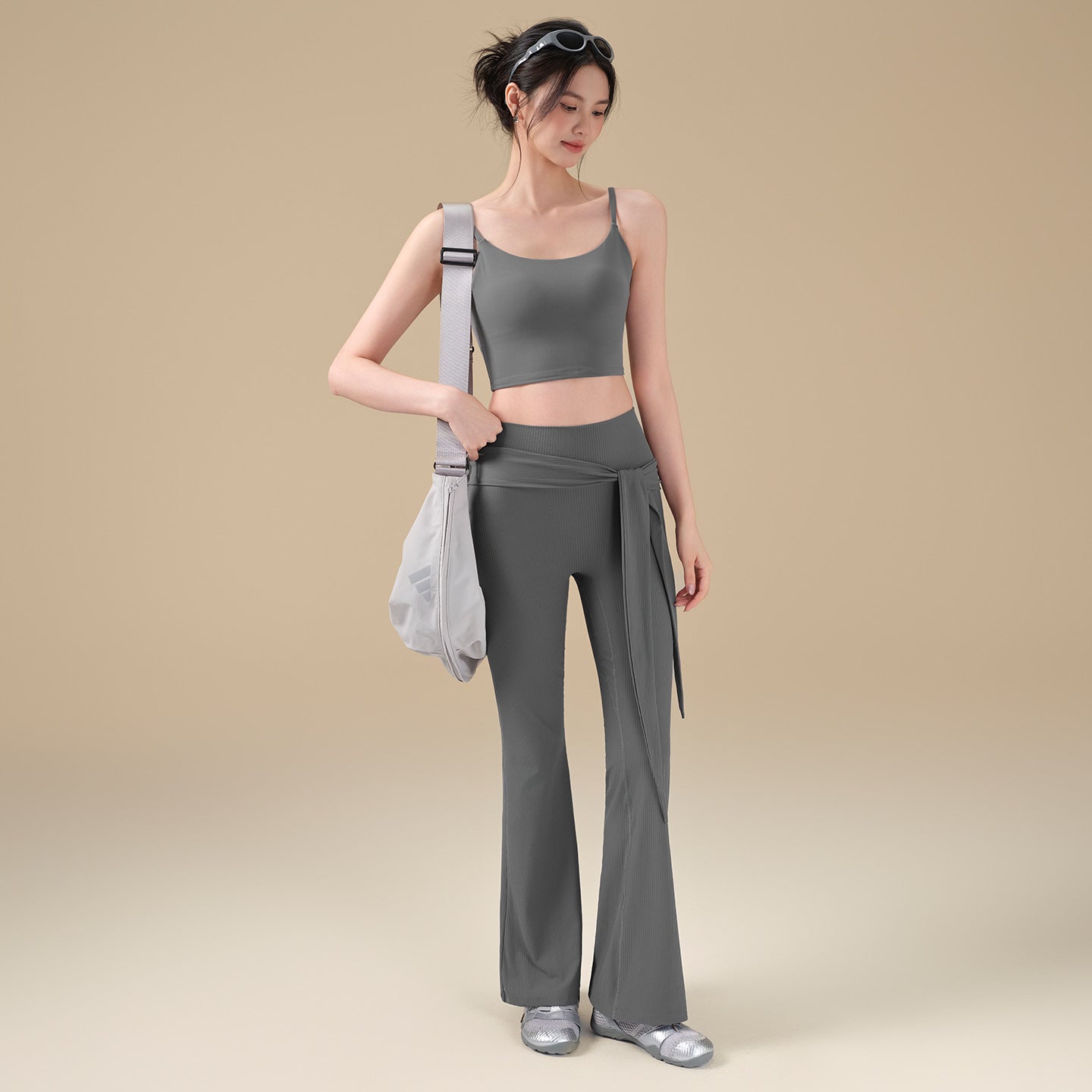 New high-elastic threaded bootcut pants personalized strap Pilates gym pants