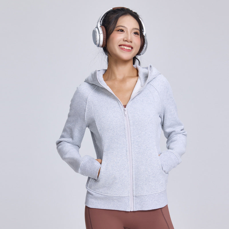 Autumn and winter new fleece hooded sports fitness long-sleeved jacket