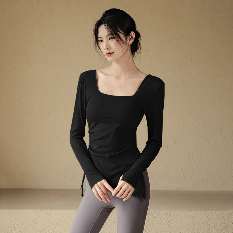 Drawstring yoga long sleeves with chest pads