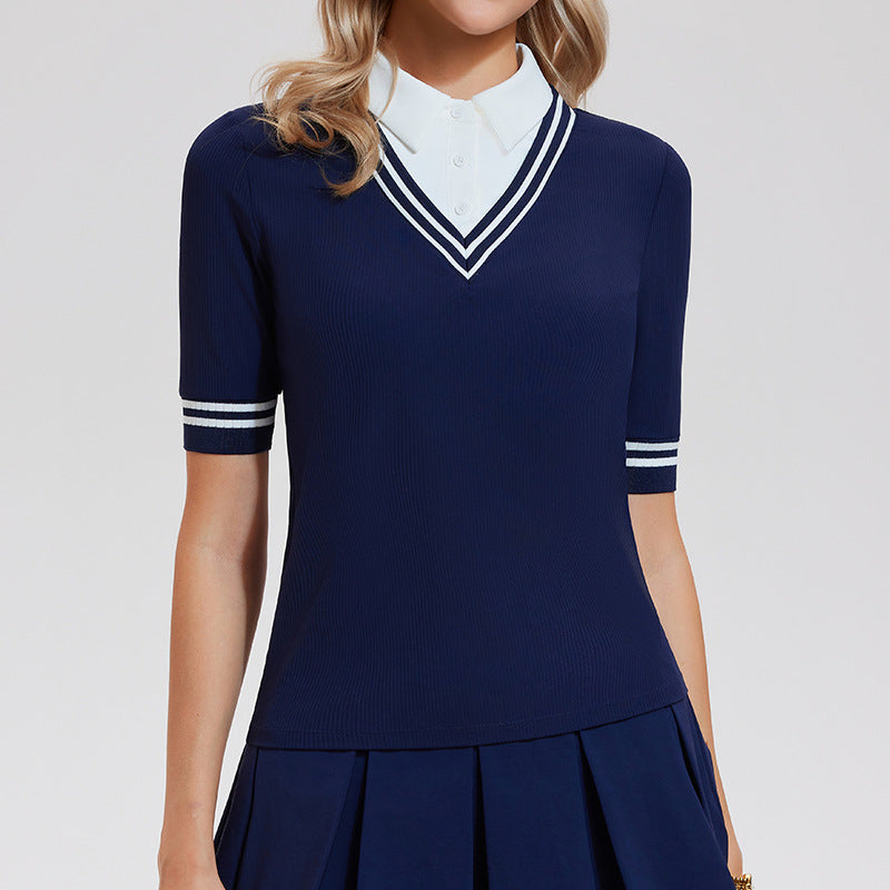 Collegiate fake two high-elastic slim-fitting tennis tops