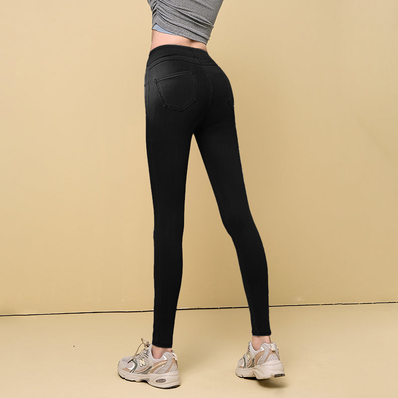 Faux denim high waist skinny trousers