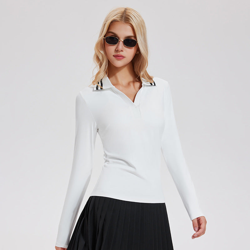 Quick-drying V-neck simple retro polo shirt long-sleeved top