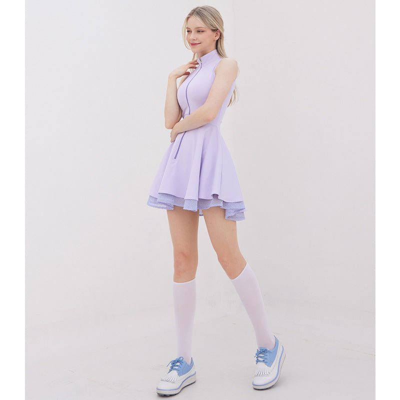 Lightweight sleeveless fluffy cake skirt zippered breathable golf dress