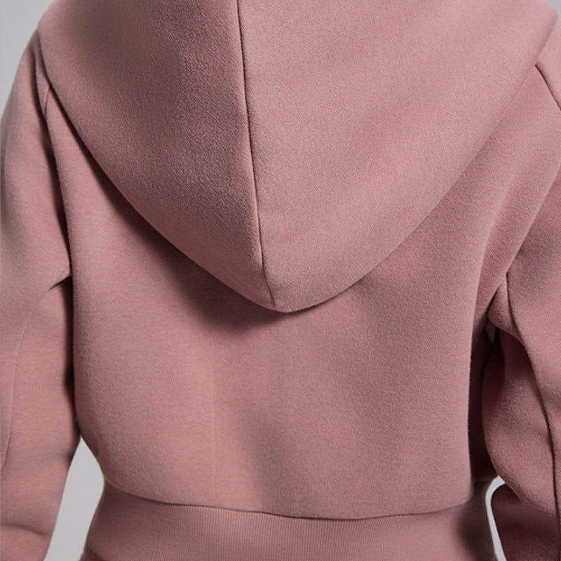 Autumn and winter cropped fleece casual sports hooded jacket