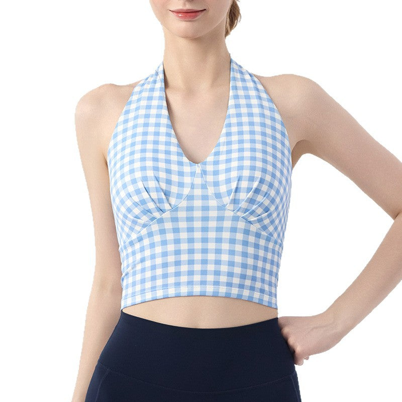 V-neck check print halterneck beauty back running fitness sports bra