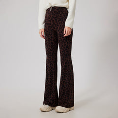 Leopard print fleece warm high-waisted bell bottoms
