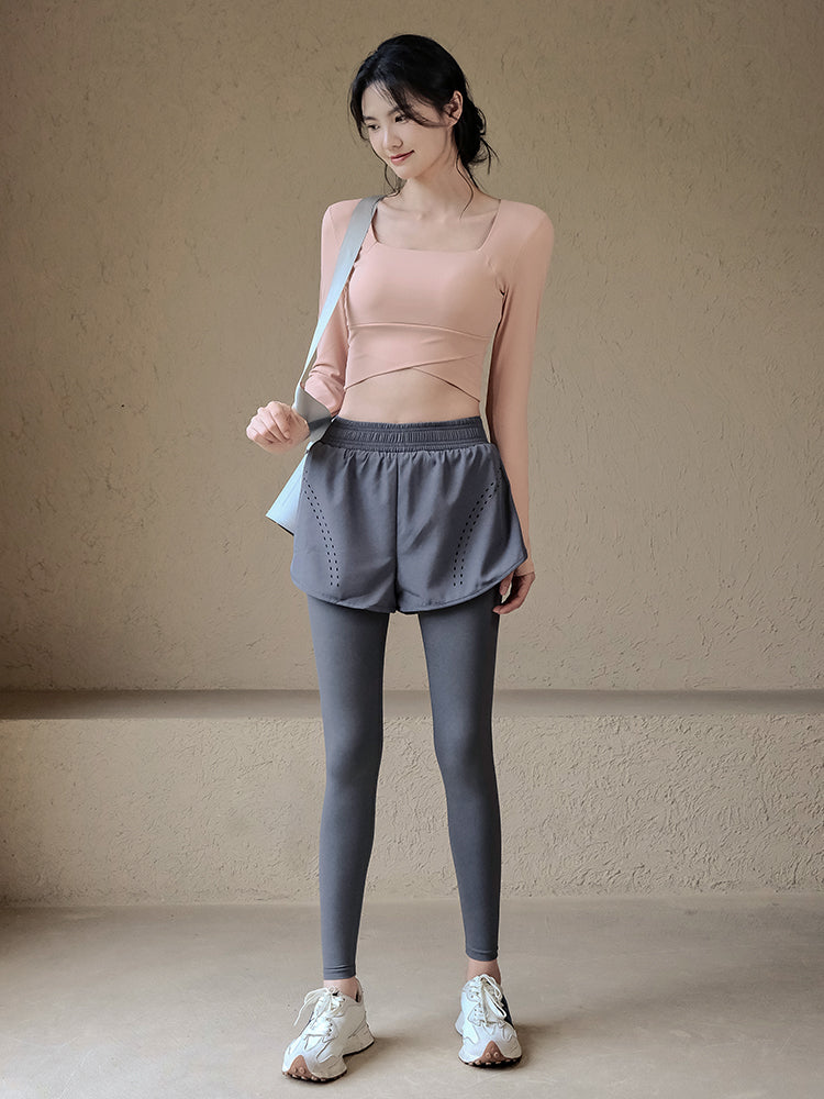 Fake two piece high waisted leggings