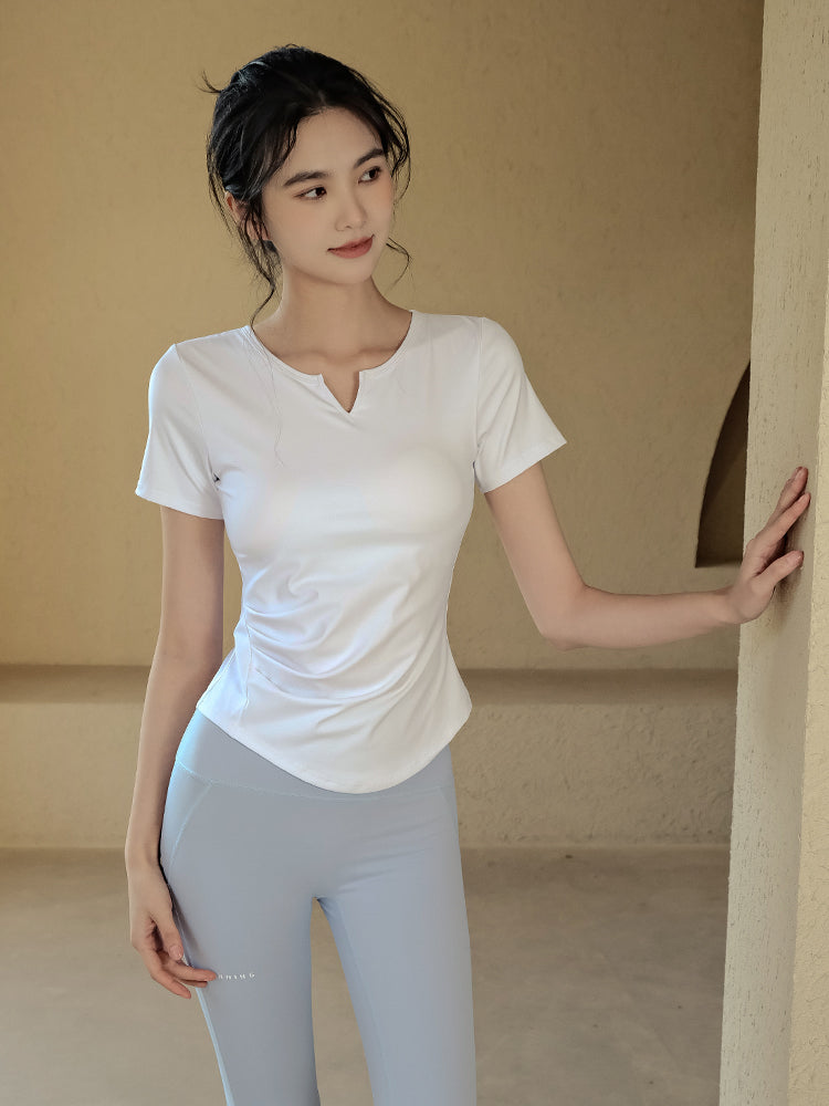 Solid color yoga short sleeve t-shirt with chest pads