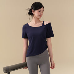 Asymmetrical Collar Side Ruched Slimming Athletic T-shirt