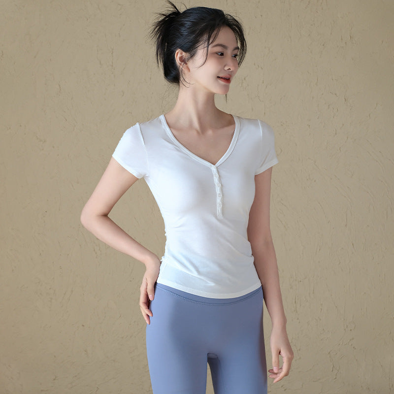 Slim and versatile button-down sports T-shirt running training short sleeves