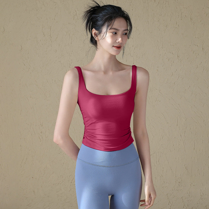 All-in-one yoga pleated waist-cinching sports bra