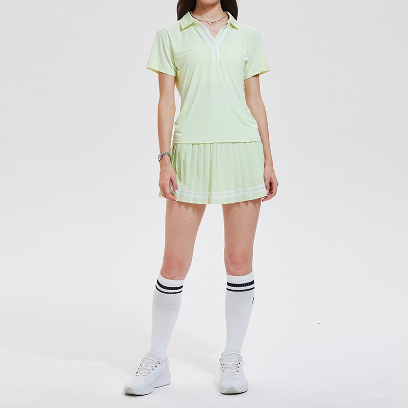 Anti-shine pleated skirt quick-drying V-neck short-sleeved golf suit