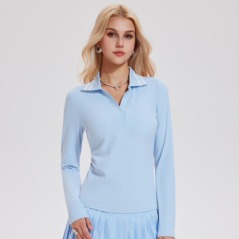 Quick-drying V-neck simple retro polo shirt long-sleeved top