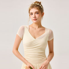 Mesh cross-pleats V-neck cut-out yoga short sleeves