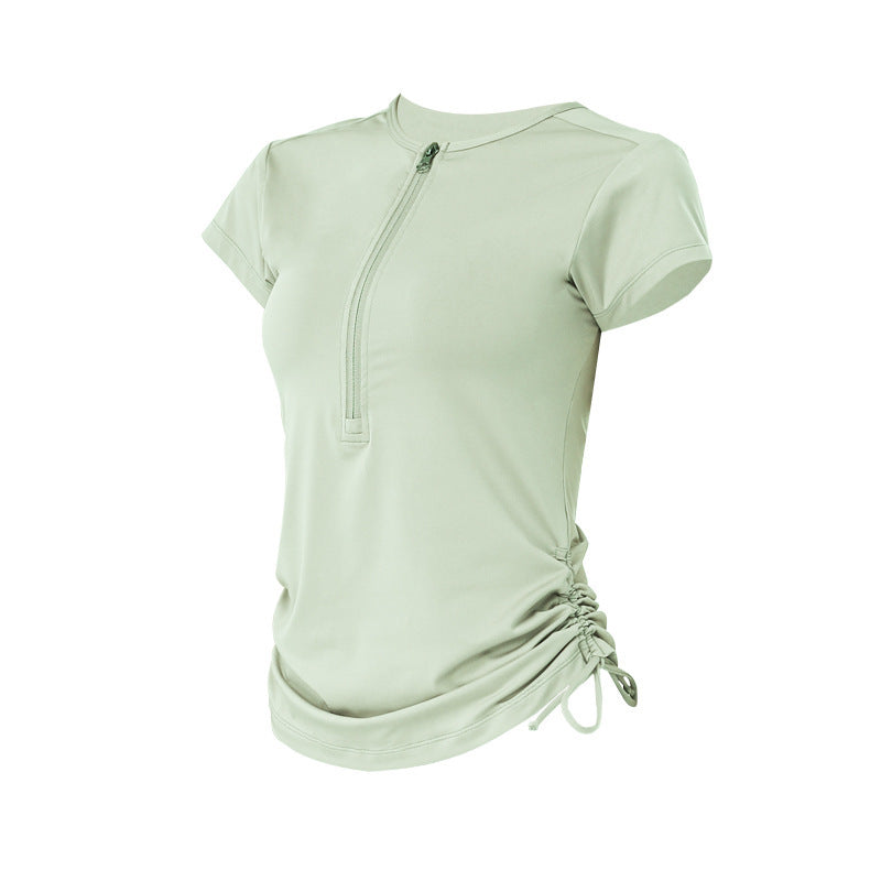 Zipper drawstring breathable yoga short sleeves