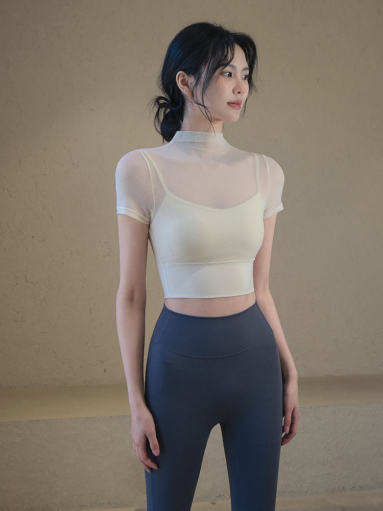 Sexy mesh strap chest pad sports t-shirt short sleeves