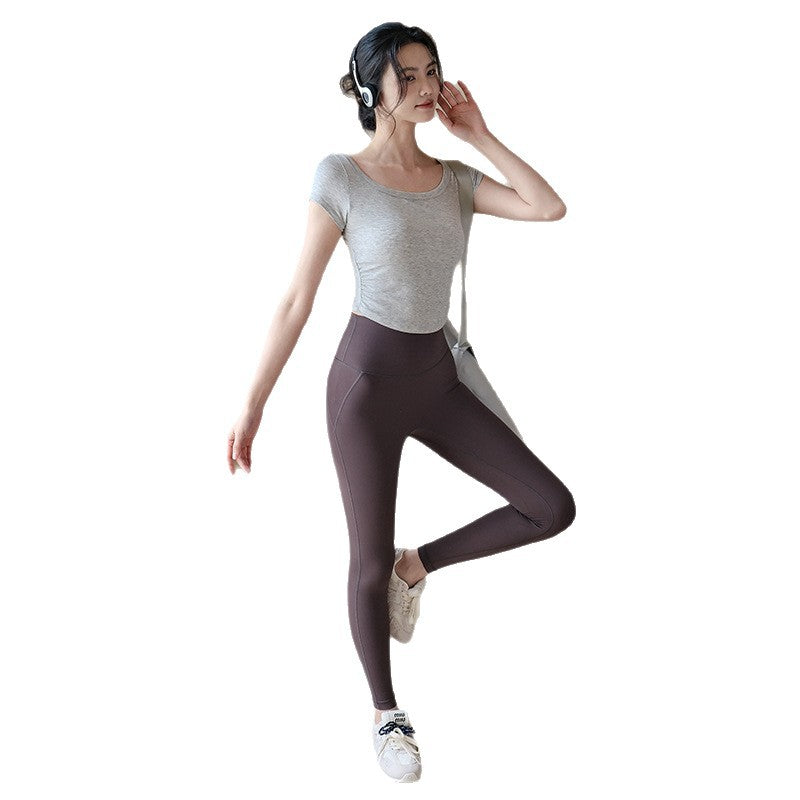 Pleated waist is versatile to look slimmer and breathable, Sports and fitness tops with short sleeves