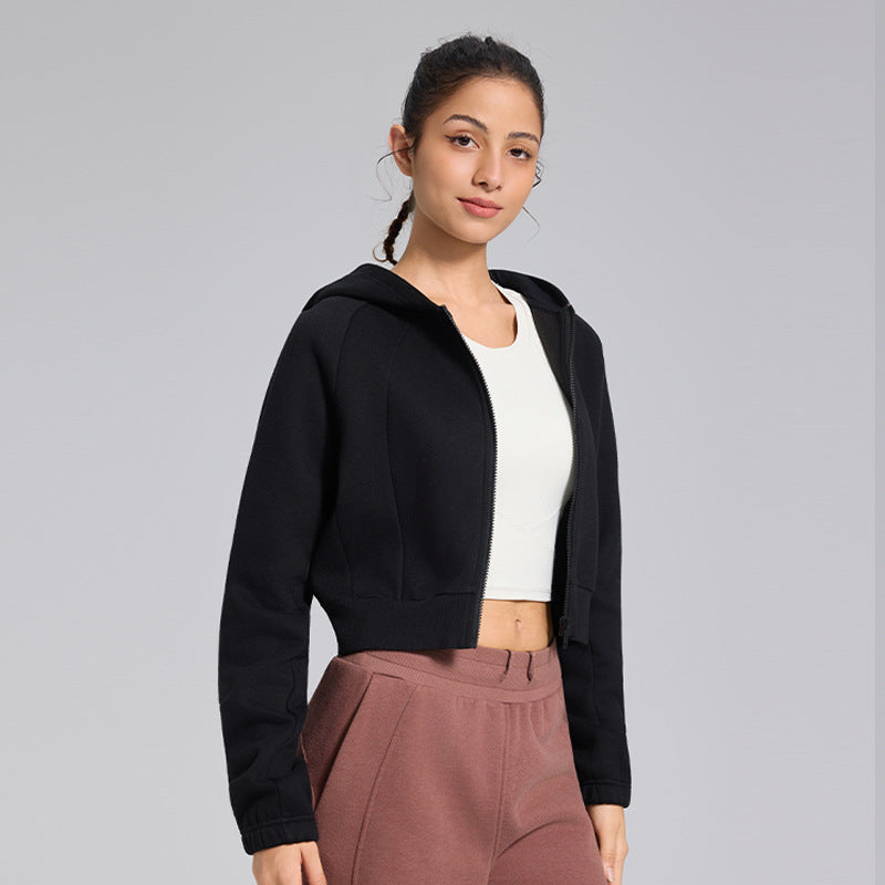 Autumn and winter cropped fleece casual sports hooded jacket