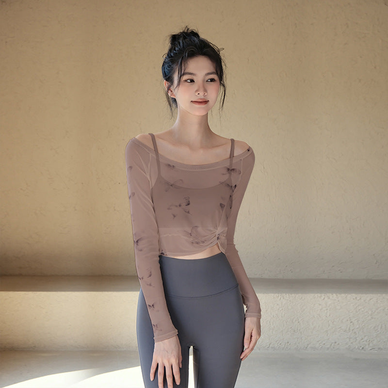 Flower butterfly fake two-piece sports t-shirt