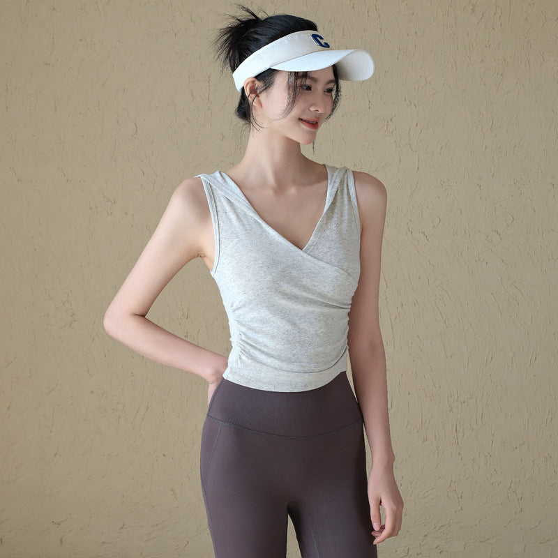 Hooded V-neck, Sleeveless casual running, Sports fitness vest, T-shirt, Smock, Short sleeves