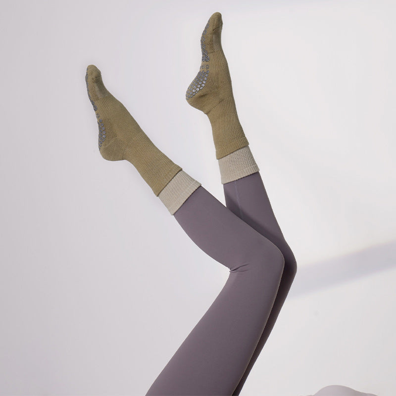 Contrast double-layer tummy control non-slip crew socks