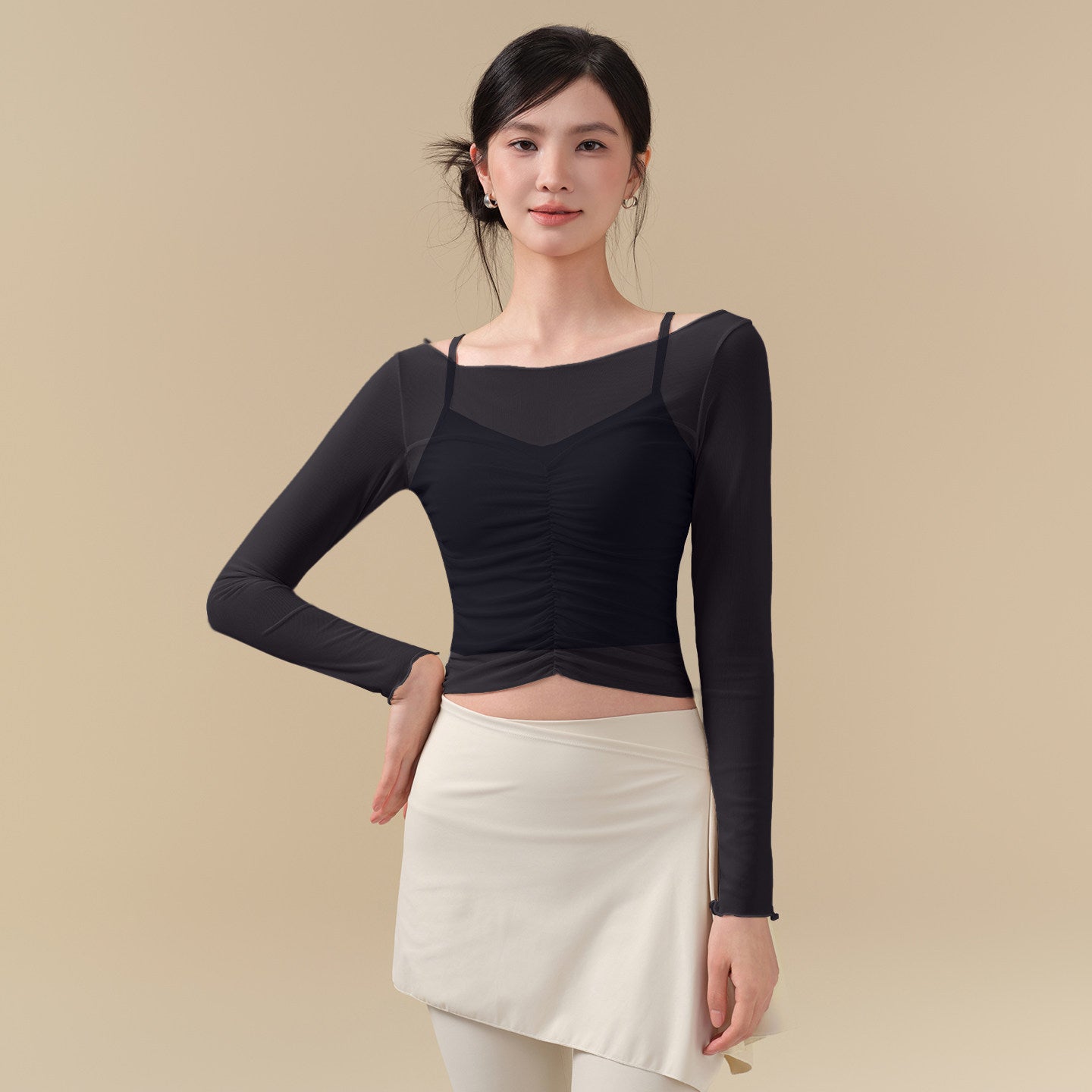 Mesh breathable pleated waist two-piece set