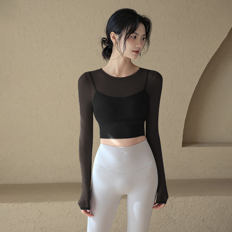 Sexy mesh with chest pad sports long sleeves