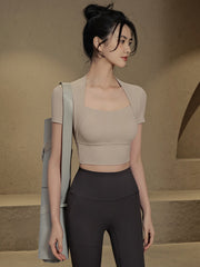 Fake two pieces yoga short sleeve t-shirt with chest pads