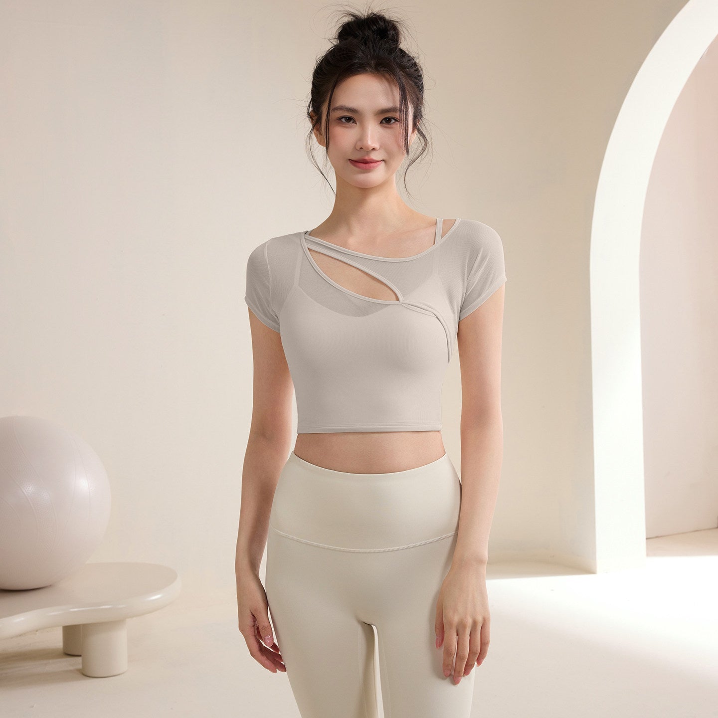 Fake two slanted shoulder cut-out sports t-shirts
