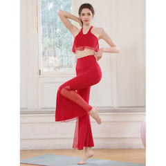 Dunhuang Flying Goddess Mesh Yarn Crossing Beauty Back Fork Flared Pants Set