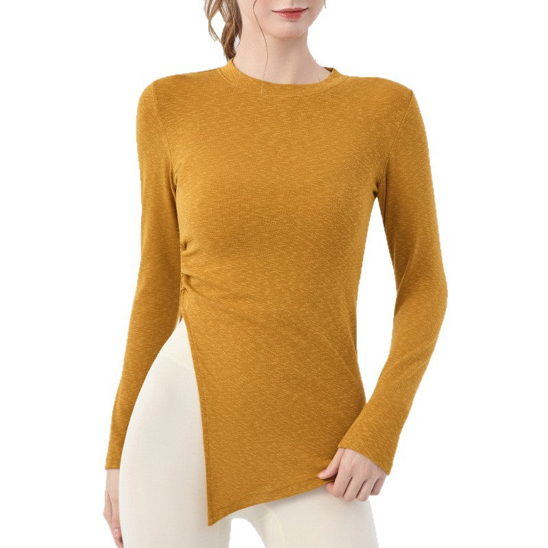 Slim waist and hip slit casual fitness long-sleeved top